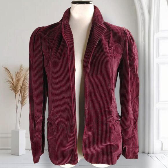 Vintage Perry Ellis Whimsigoth Striped Blazer Size 6 Puff Sleeve Maroon Velour - Picture 2 of 16